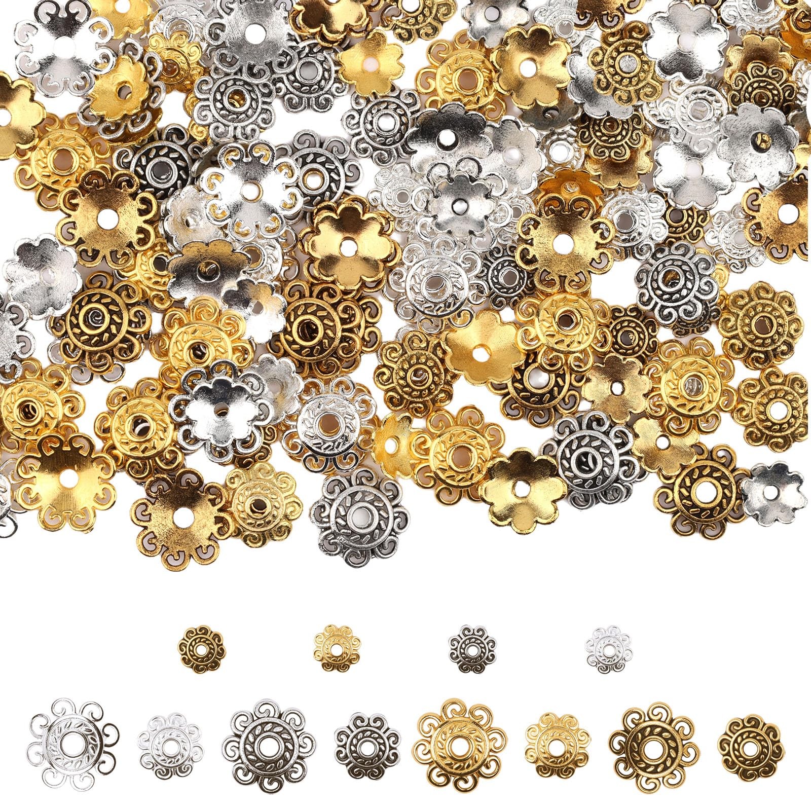 120Pcs Spacer Beads Caps, Gold & Silver Bali Style Mixed Tibetan Silver and A…