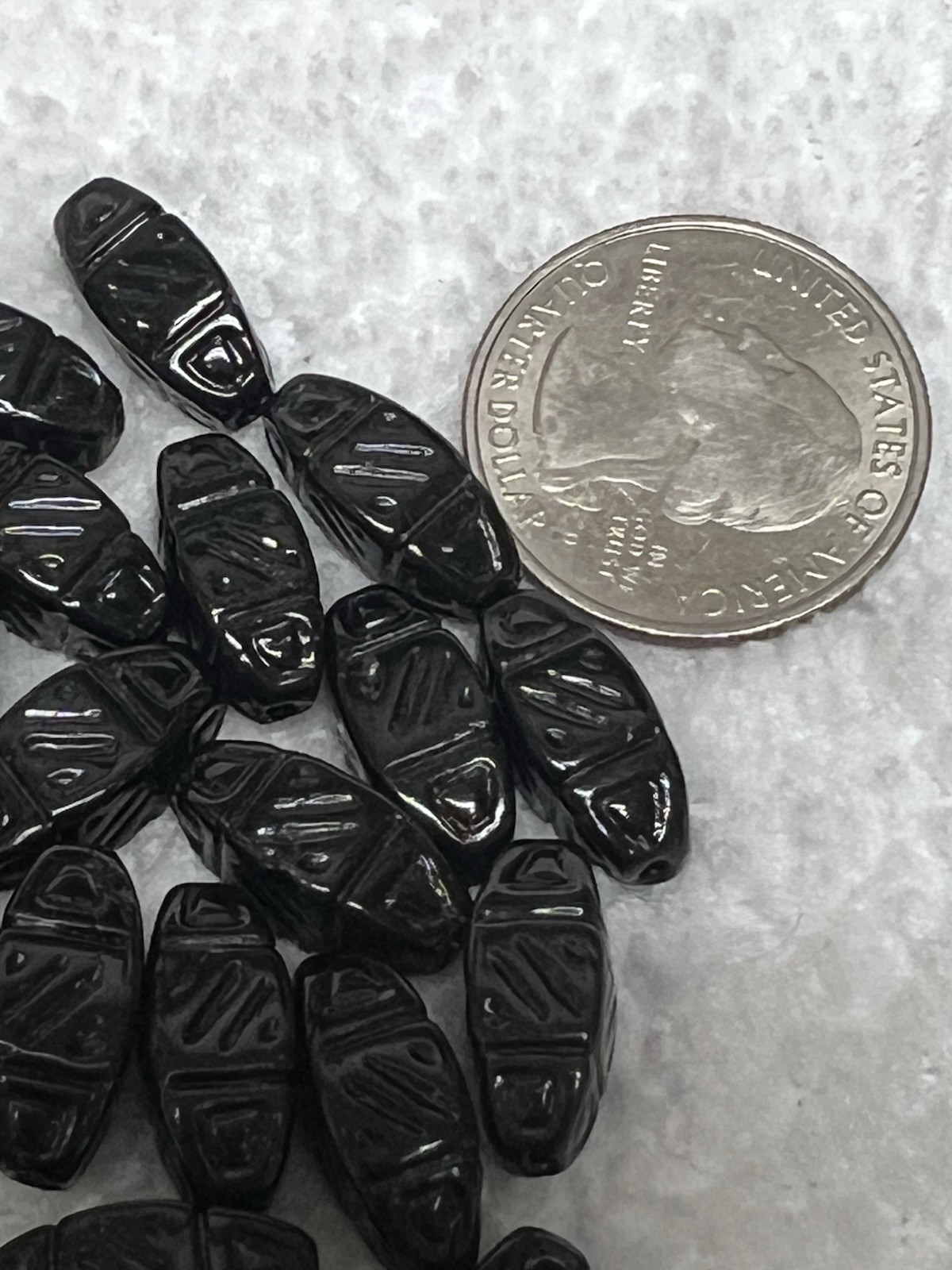10 Vintage Art Glass Beads Fancy Design Glossy Black 7/16th inch Tube