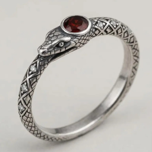 Vintage Gold Serpent Ring: Garnet & Moissanite Halloween Jewelry, 18k Gold Snack