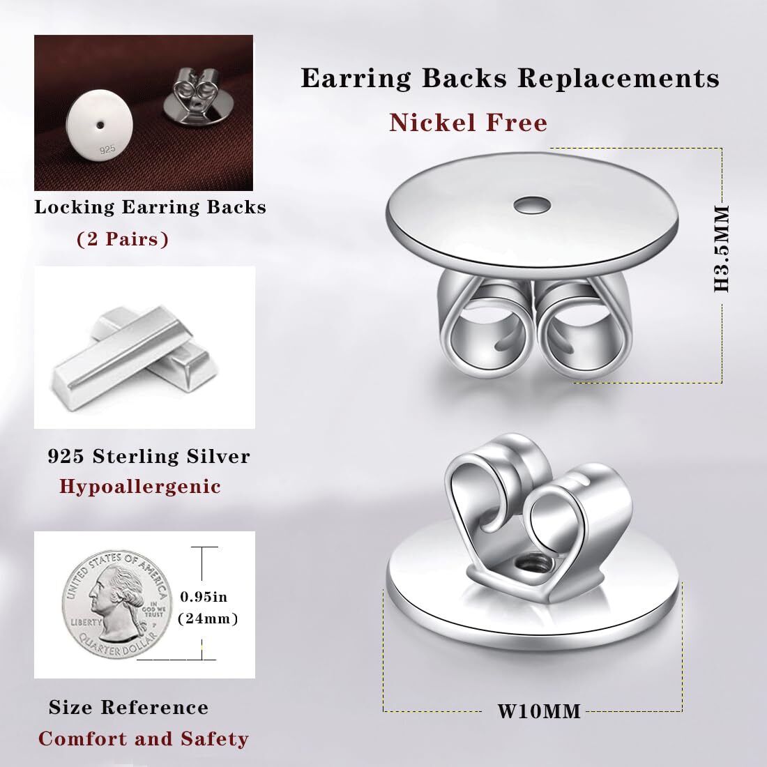 Large Earring Backs Locking Earring Backs for Studs 925 Sterling Silver Earri…