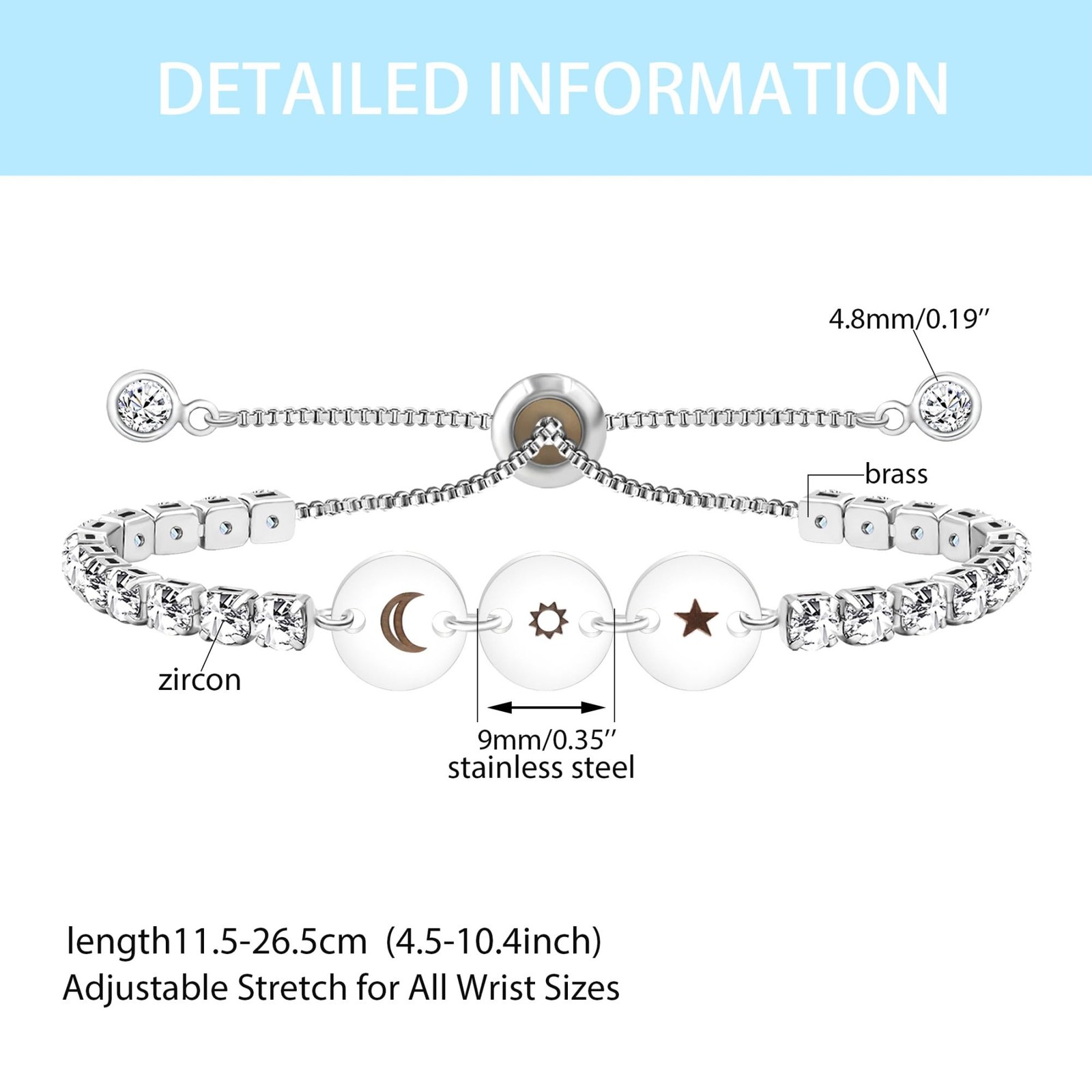 Platinum Plated Star Moon Sun Bracelet -3 Round Charm Tennis Bracelets for Women