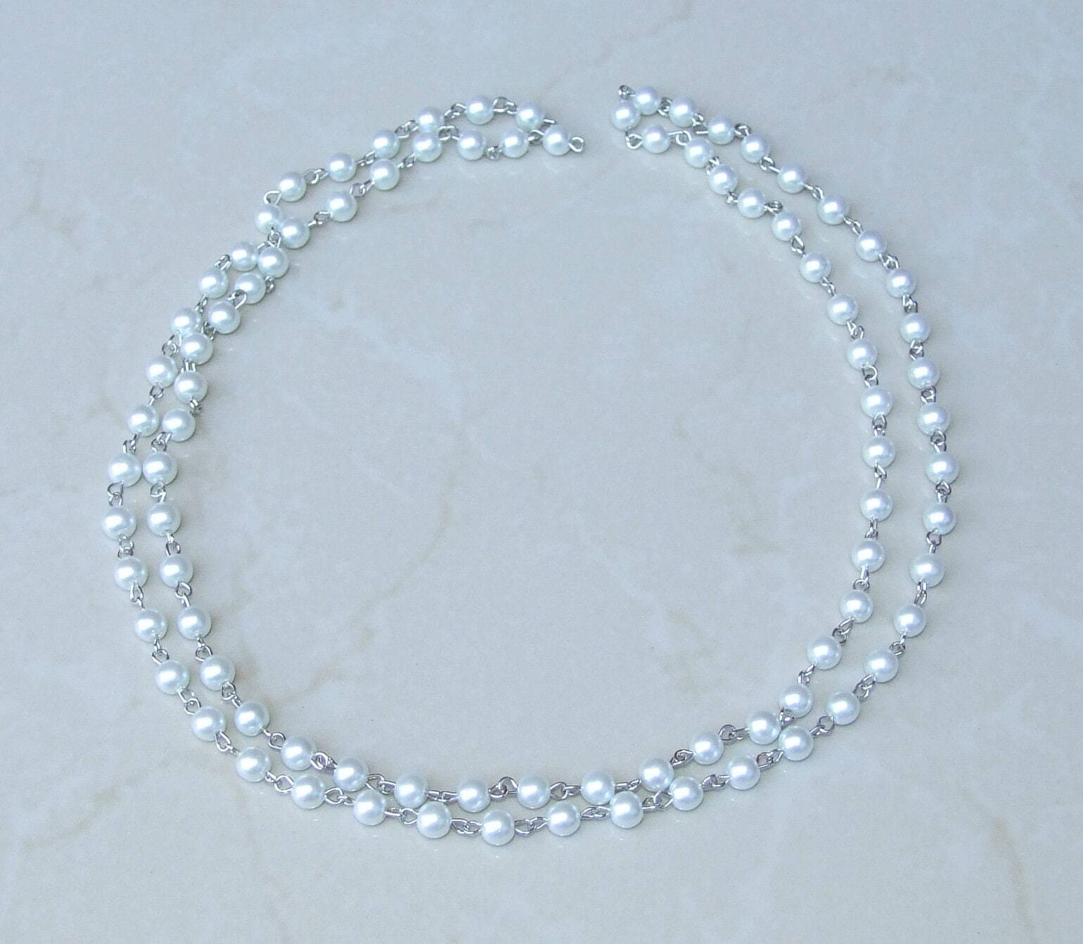 White Pearl Rosary Chain, Bulk Chain, 1 Meter, Glass Beads, Beaded Chain, Body