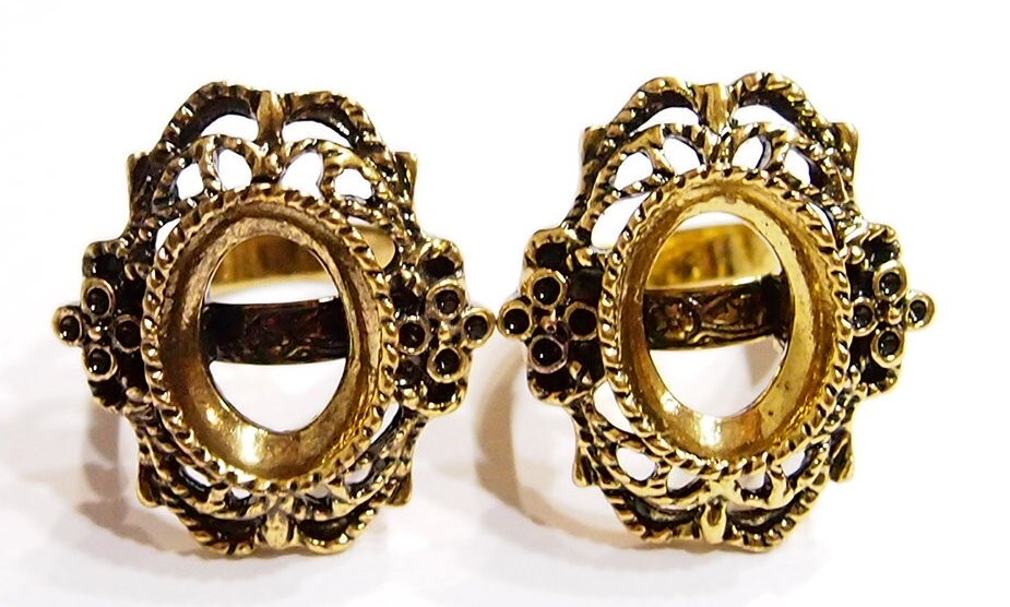6 of 18x13mm Antique Gold Victorian Deco Lacy Flowers Adjustable Ring Settings