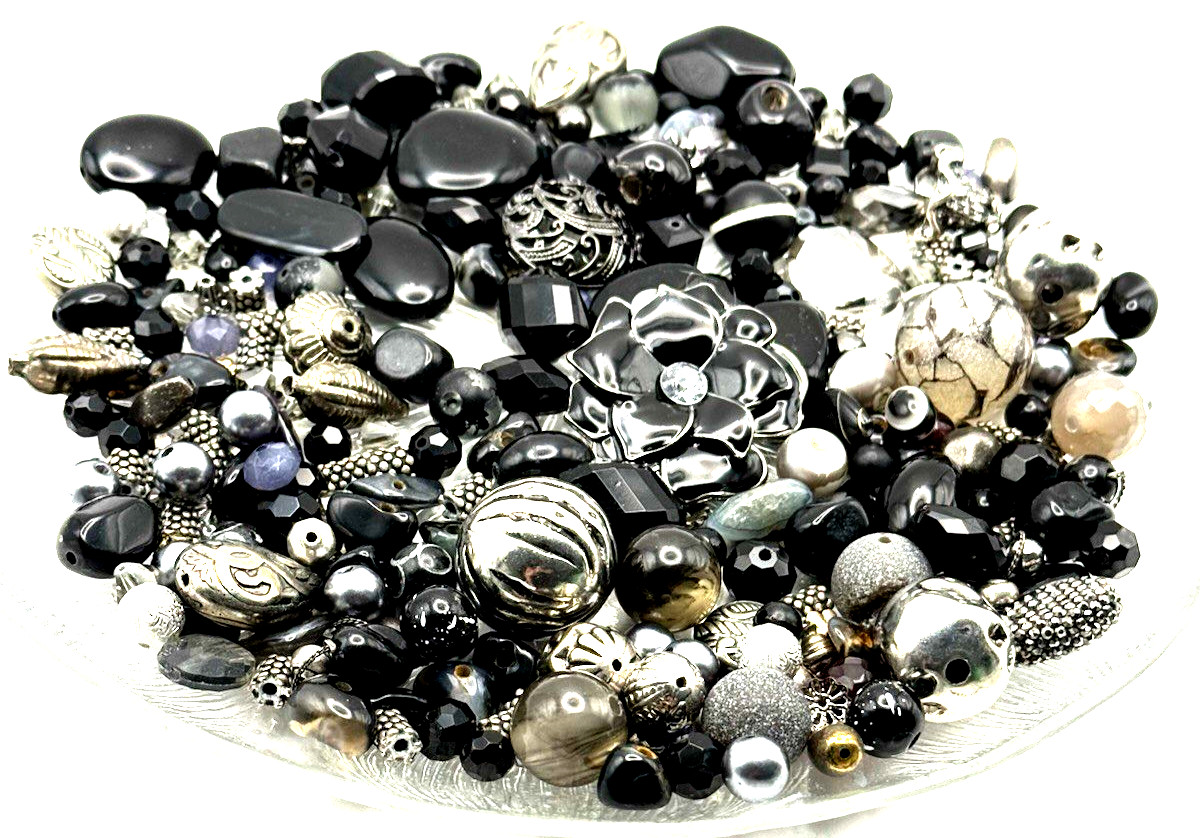 1.4 lb. Lot Vintage Modern BLACK/SILVER/GRAY Bead Soup Mixed Loose Beads Spacers