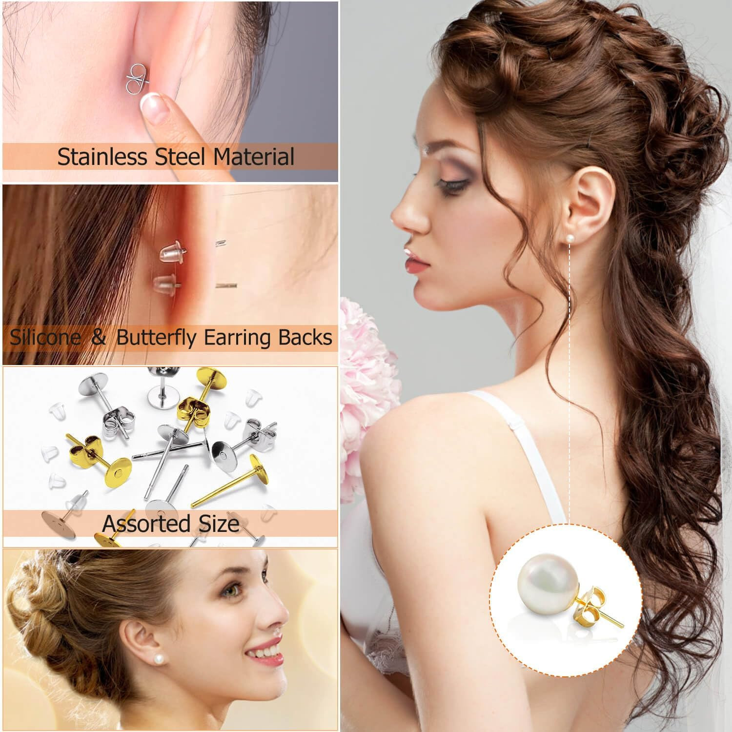 2000 Pcs Hypoallergenic Earring Posts and Backs Stud Earrings Making Kit Gold Si