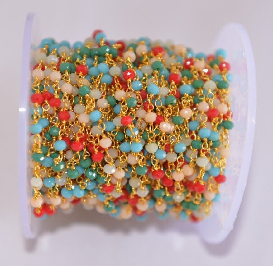multi glass beads beaded rosary chain, Gold plated jewelry making bulk chain