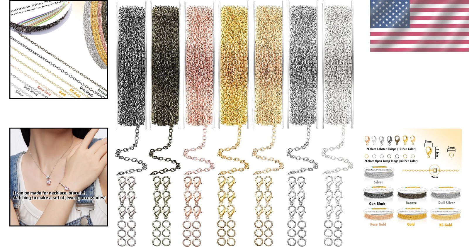 Versatile 90ft Jewelry Chain Roll – 2mm Alloy Metal with 70 Clasps & 210 Rings