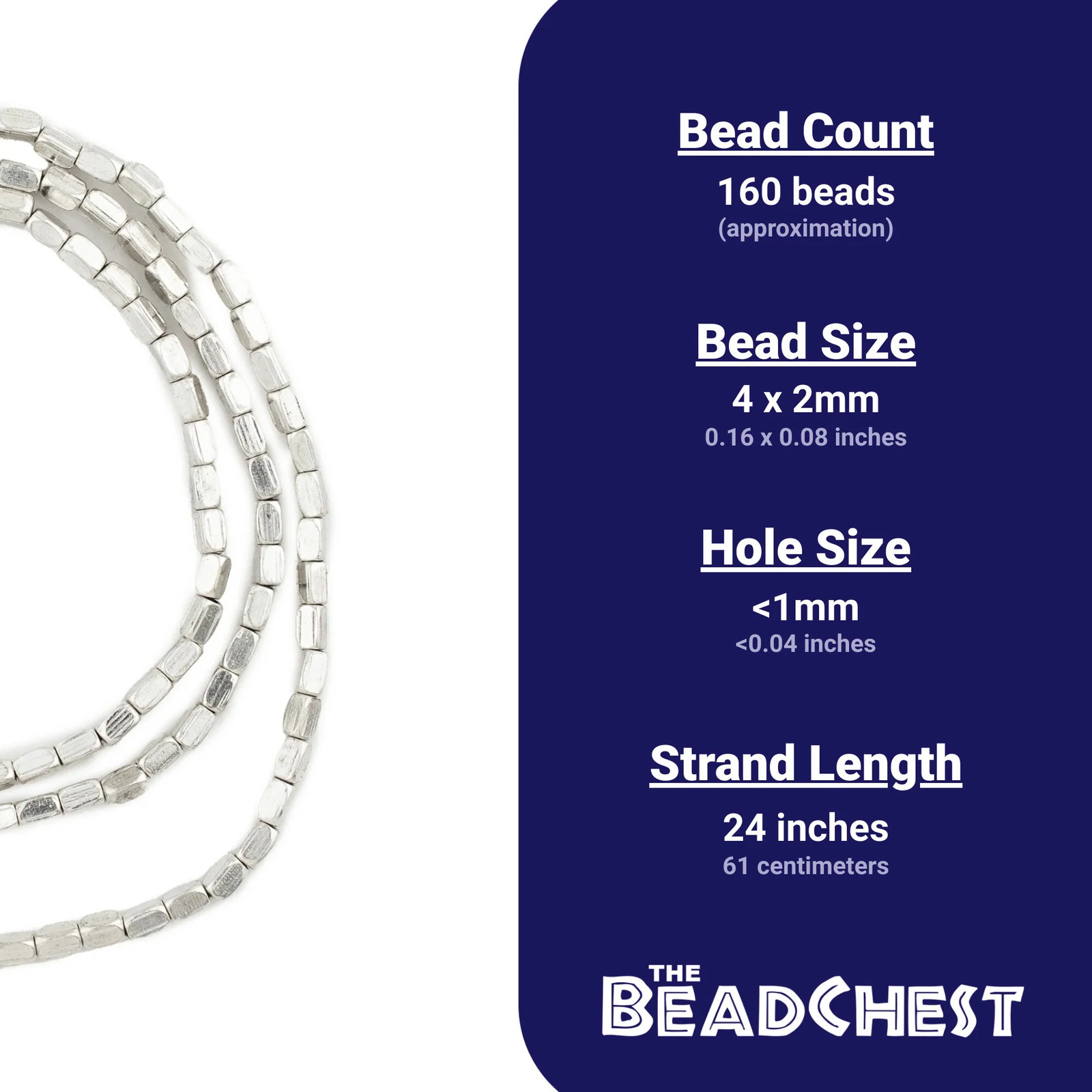 Shiny Silver Faceted Rectangle Beads 4x2mm White Metal 24 Inch Strand