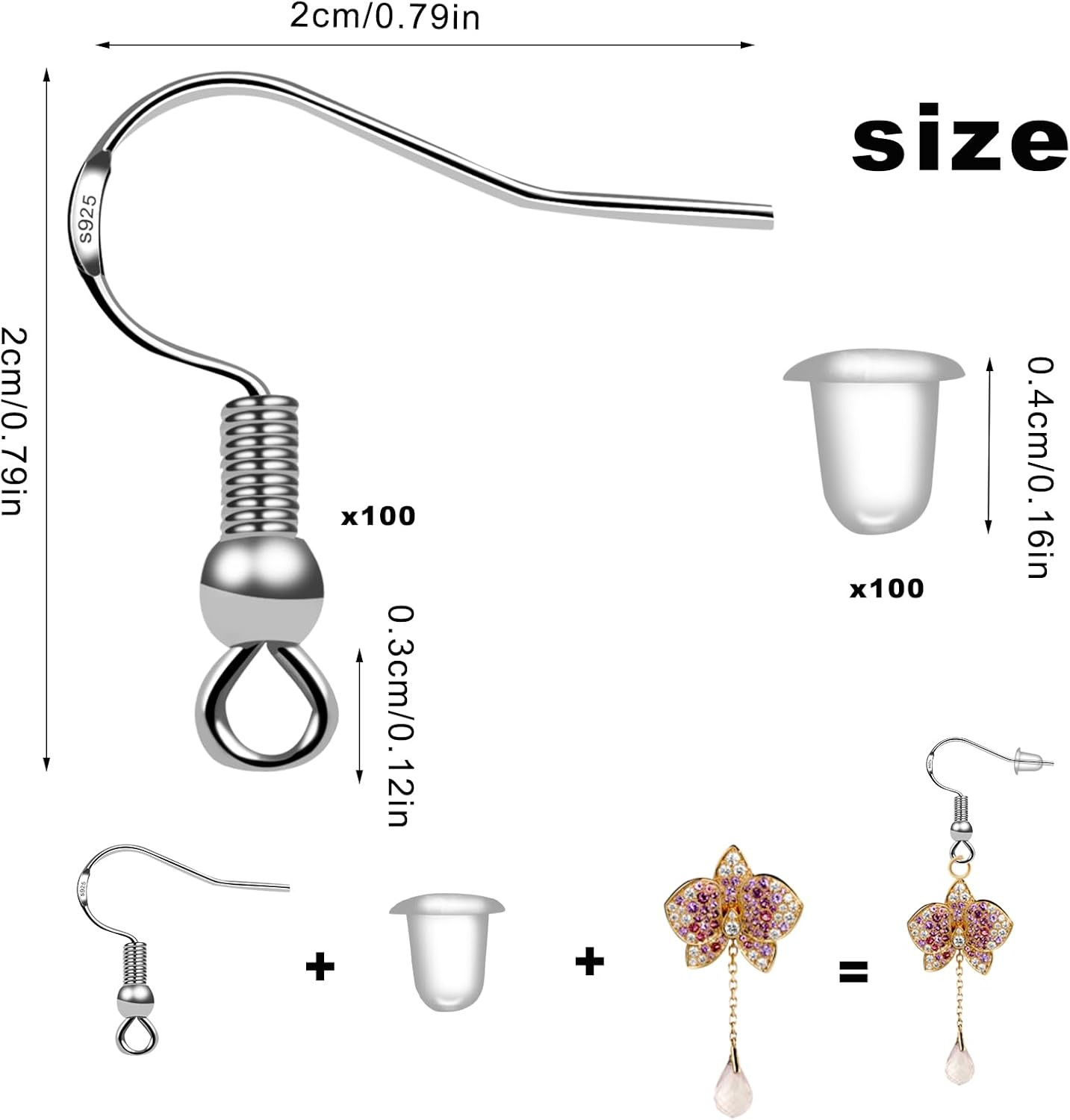100 PCS/50 Pairs 925 Sterling Silver Earring Hooks Fish Hook Ear Wires French Wi