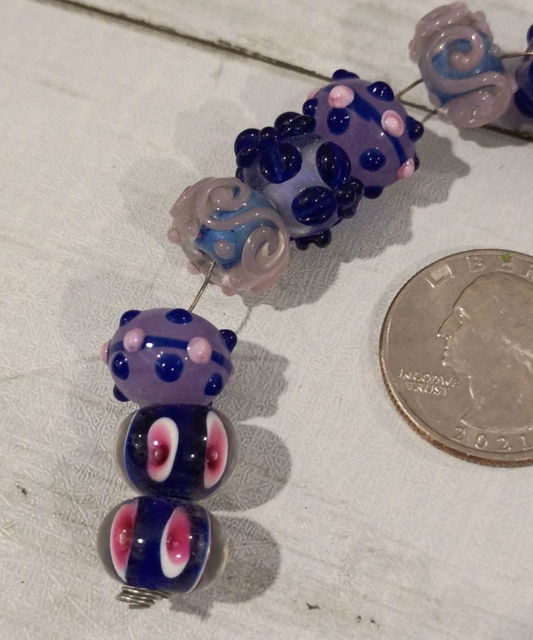 14Q Glossy Navy, pink, purple and white Handmade Bumpy Lampwork Glass Beads