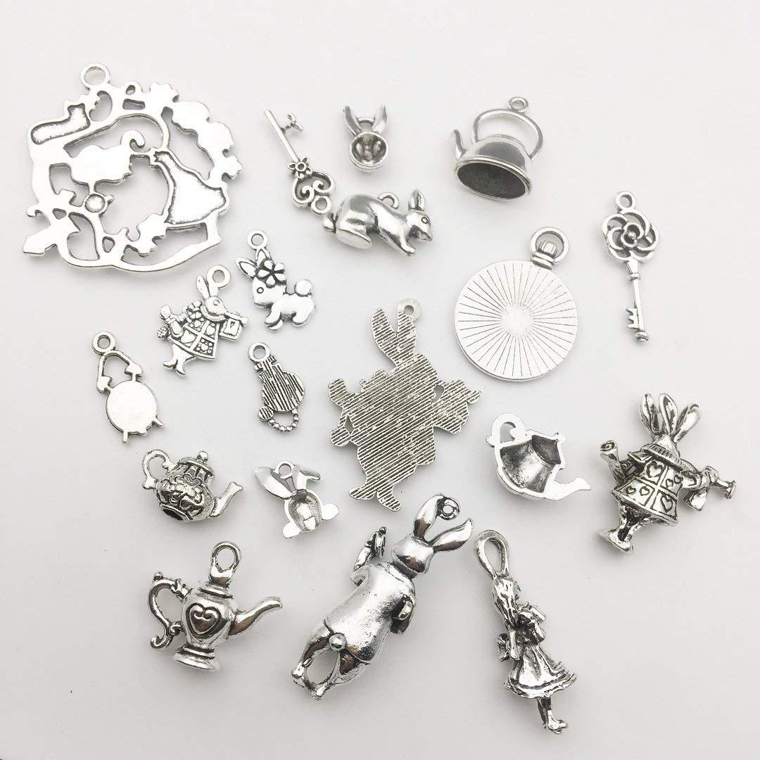Alice in Wonderland Charms Set Antiqued Silver Themed Pendants Fairy Tale 40pcs