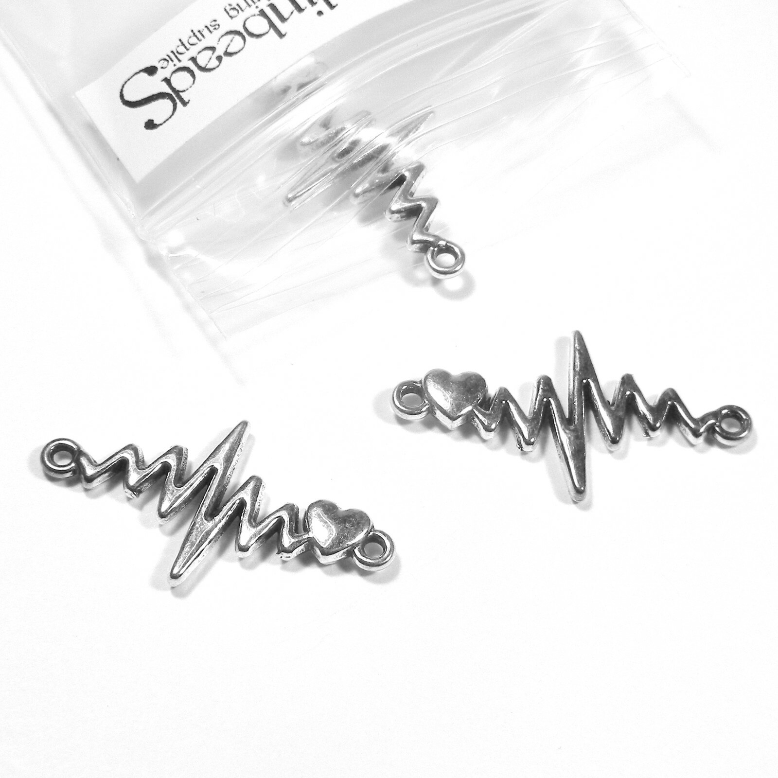 4 Antique Silver 1 1/4 inch Heart Beat EKG Linking Charm Pendants With 2 Loops