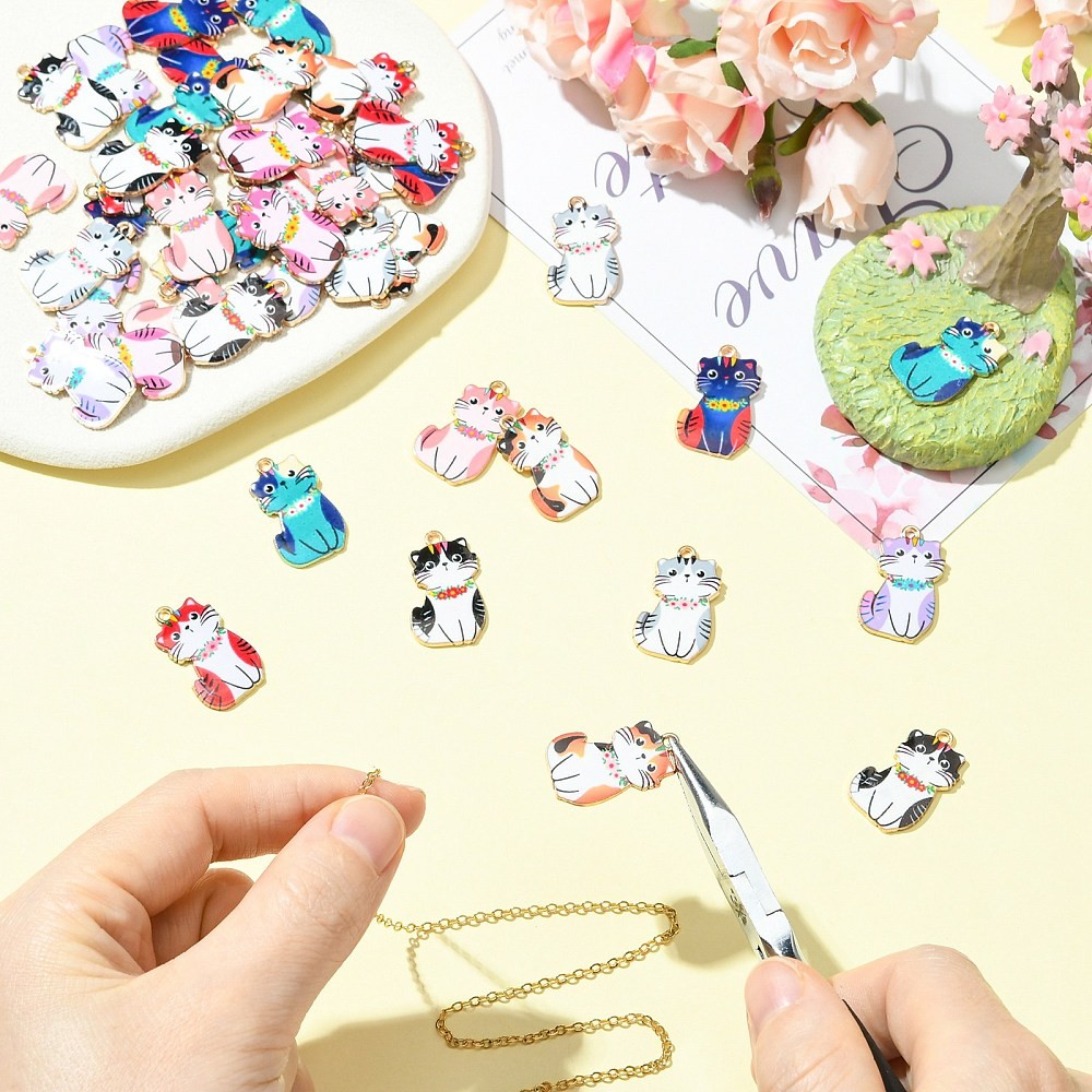 45pcs Enamel Cat Charms Cute Animal Charm Pendants Alloy Enamel Charms for DIY