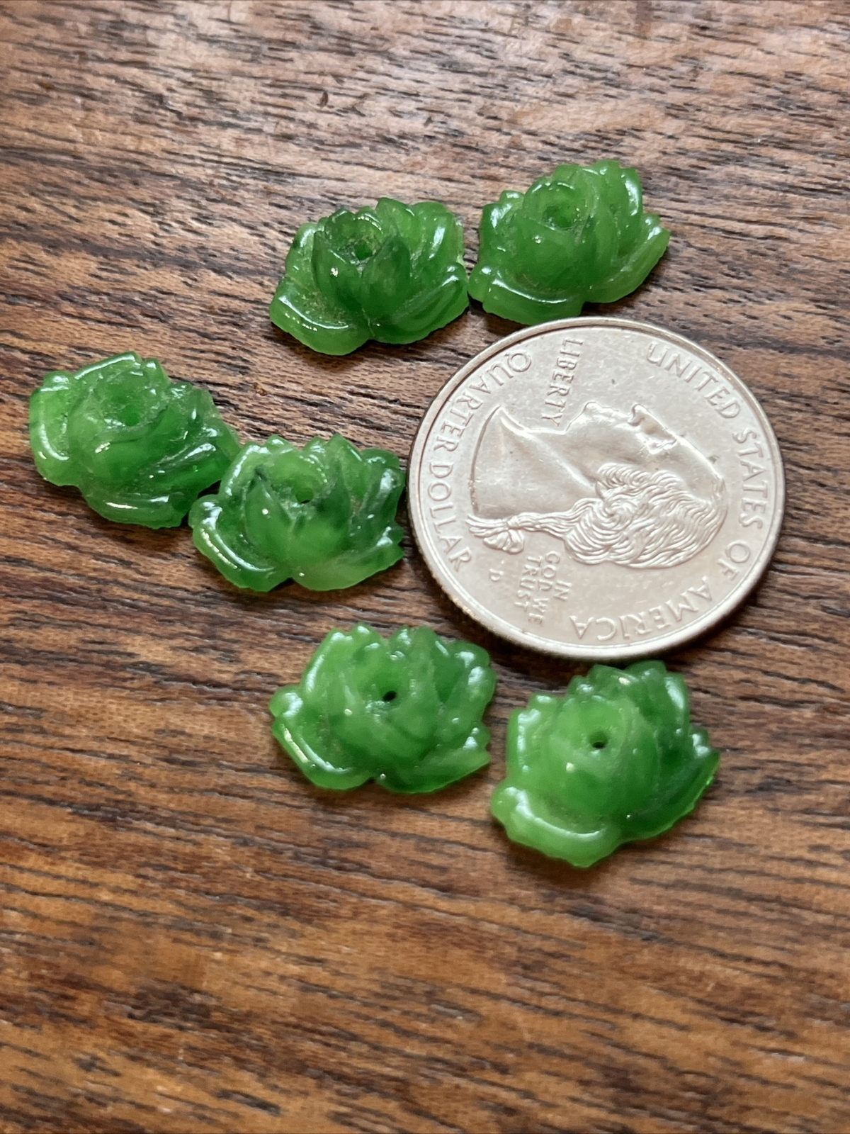 Art Deco Antique Peking Flower Glass Molded Cabochon Beads Set Of 6