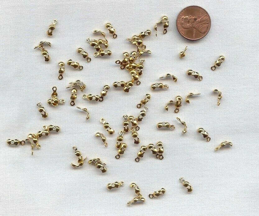 100 VINTAGE GOLD PLATED CRIMP SHUT CLAMSHELL BEAD TIP KNOT COVERS WITH LOOP L959