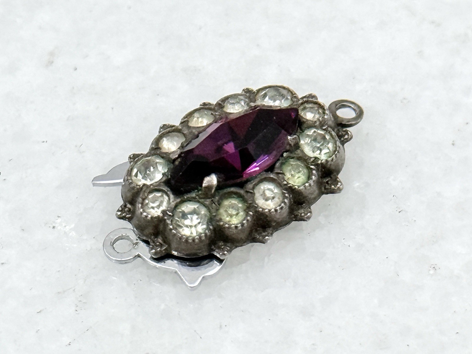 Antique Art Deco Silver Lotus Dark Pink Navette & Clear Rhinestone Clasp