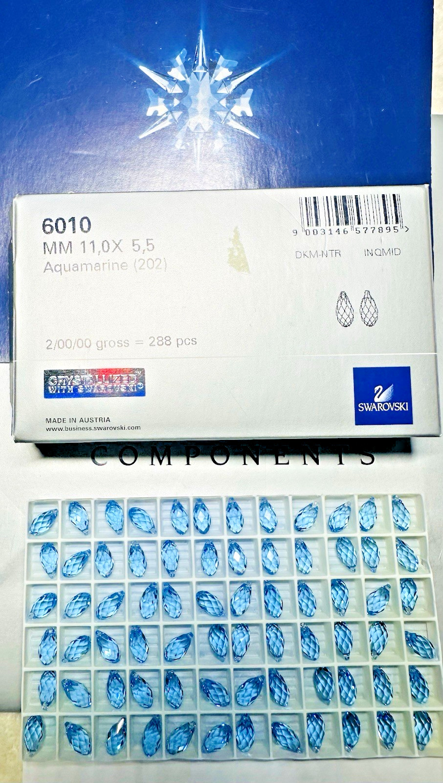 Swarovski Briolette Pendant 6010 11 x 5.5 mm Aquamarine 12Pcs Pack Austria