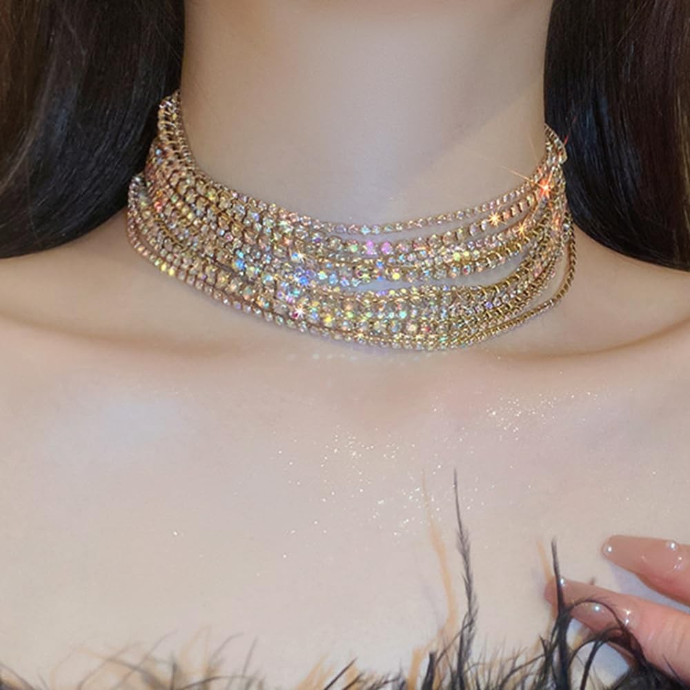 Boho Prom Big Shinny Caystals Rhinestones Choker Necklace Dainty Layered Sexy Ch