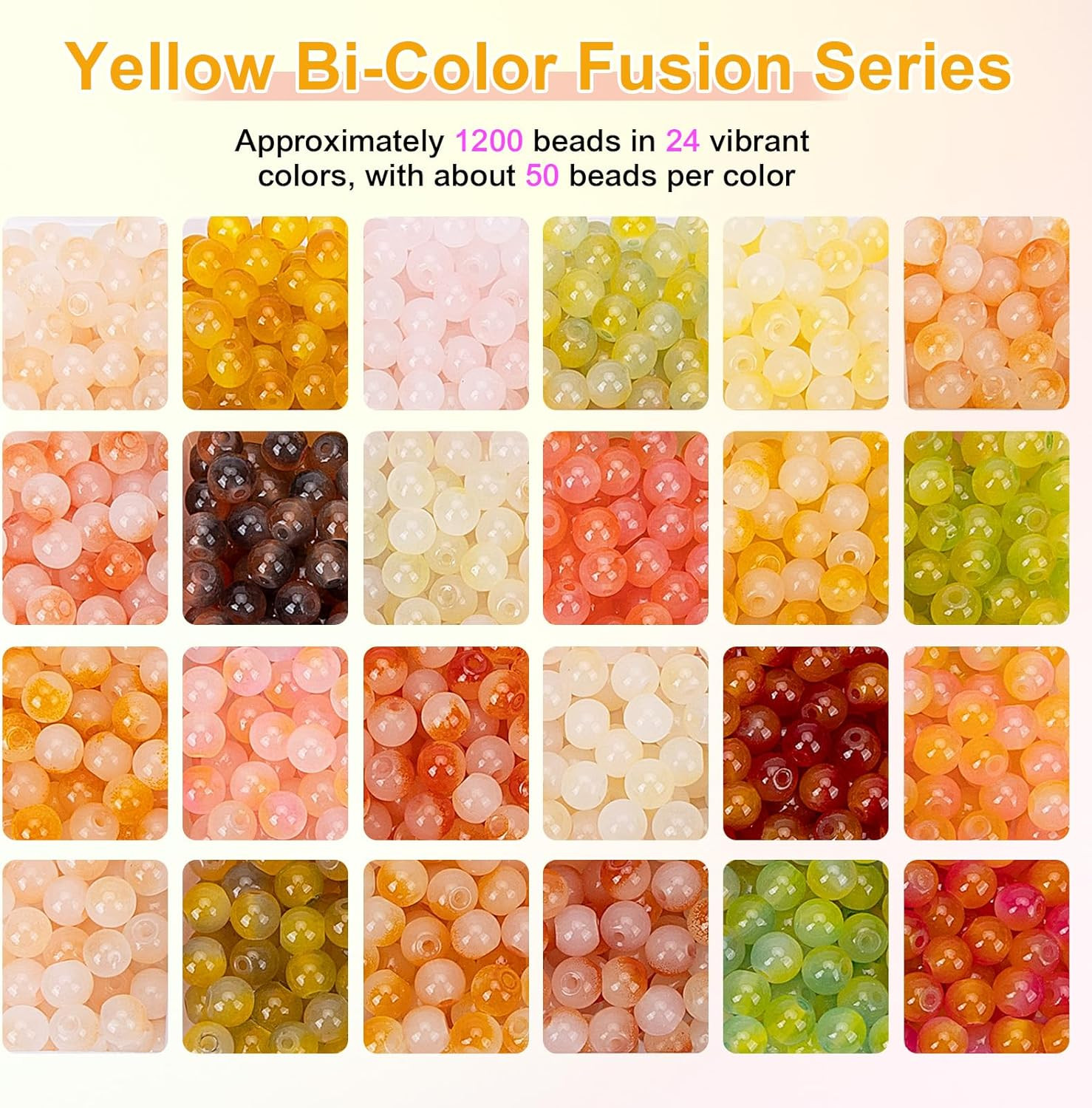 about 1200+ Pcs 6Mm Glass Beads Bracelet Making Kit, 24 Assorted Yellow Bi-Color