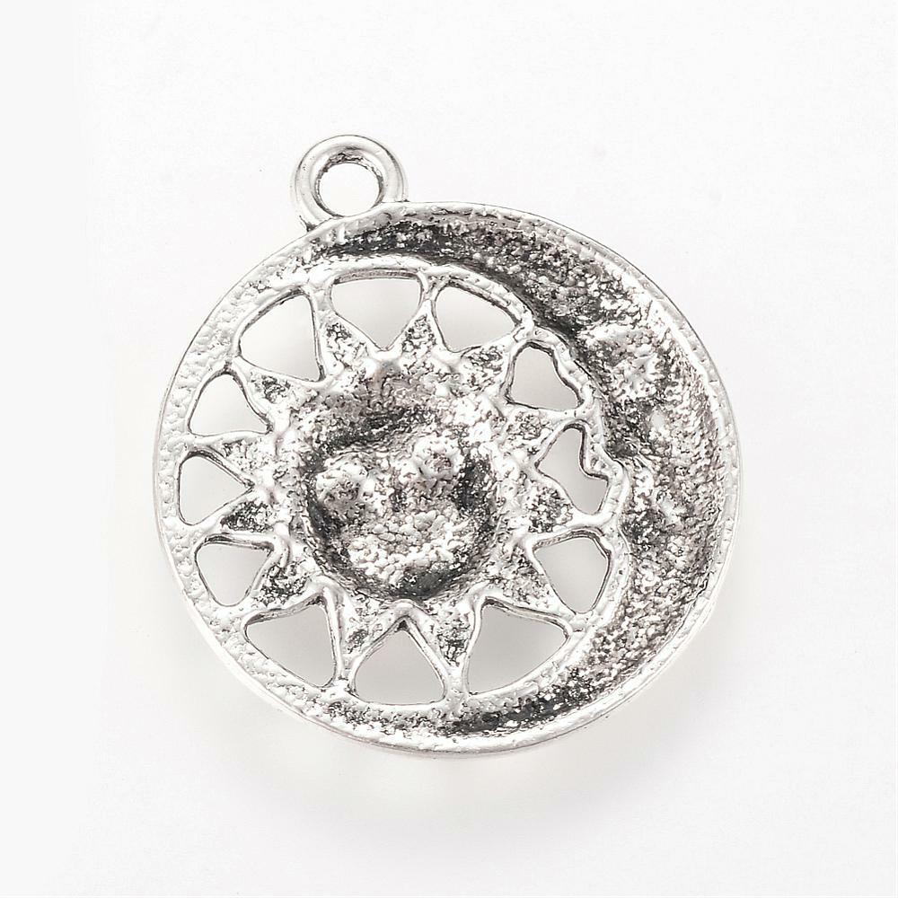 2 Large Sun Pendants Antiqued Silver Sun and Moon Celestial Charms Open 30mm