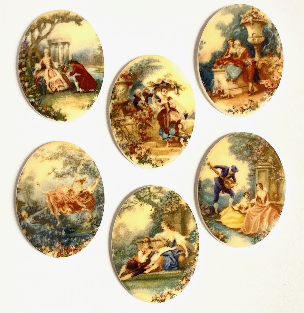 6 Vintage Victorian Lovers Romantic Courting Scenes 40x30mm. Acrylic Cameos 145