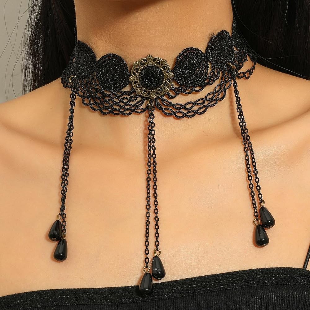 Black Halloween Choker Necklace Boho Fashion Prom Shinny Tassels Necklace Crysta