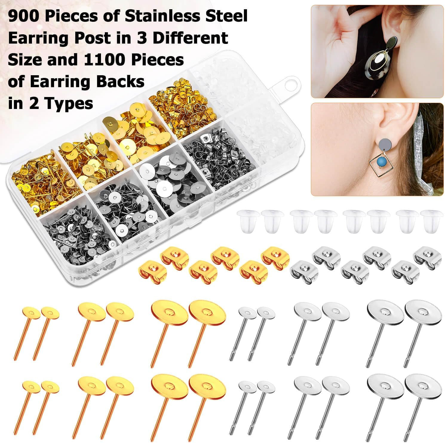 2000 Pcs Hypoallergenic Earring Posts and Backs Stud Earrings Making Kit Gold Si