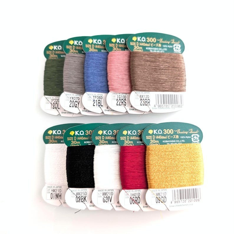 KO Beading Nylon Thread, 33 Yd / 30m Card, Size D 440dtex / 0.15mm Mixed 10 Pack