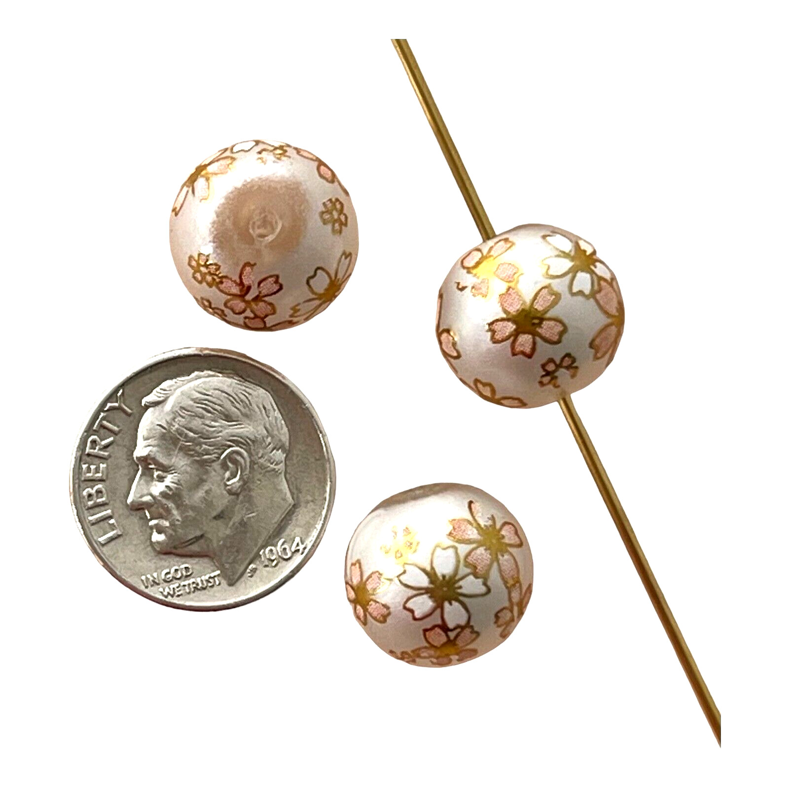 5 Japanese Tensha Glass White Pink Sakura Flower 12mm Round Bauble Ball Beads