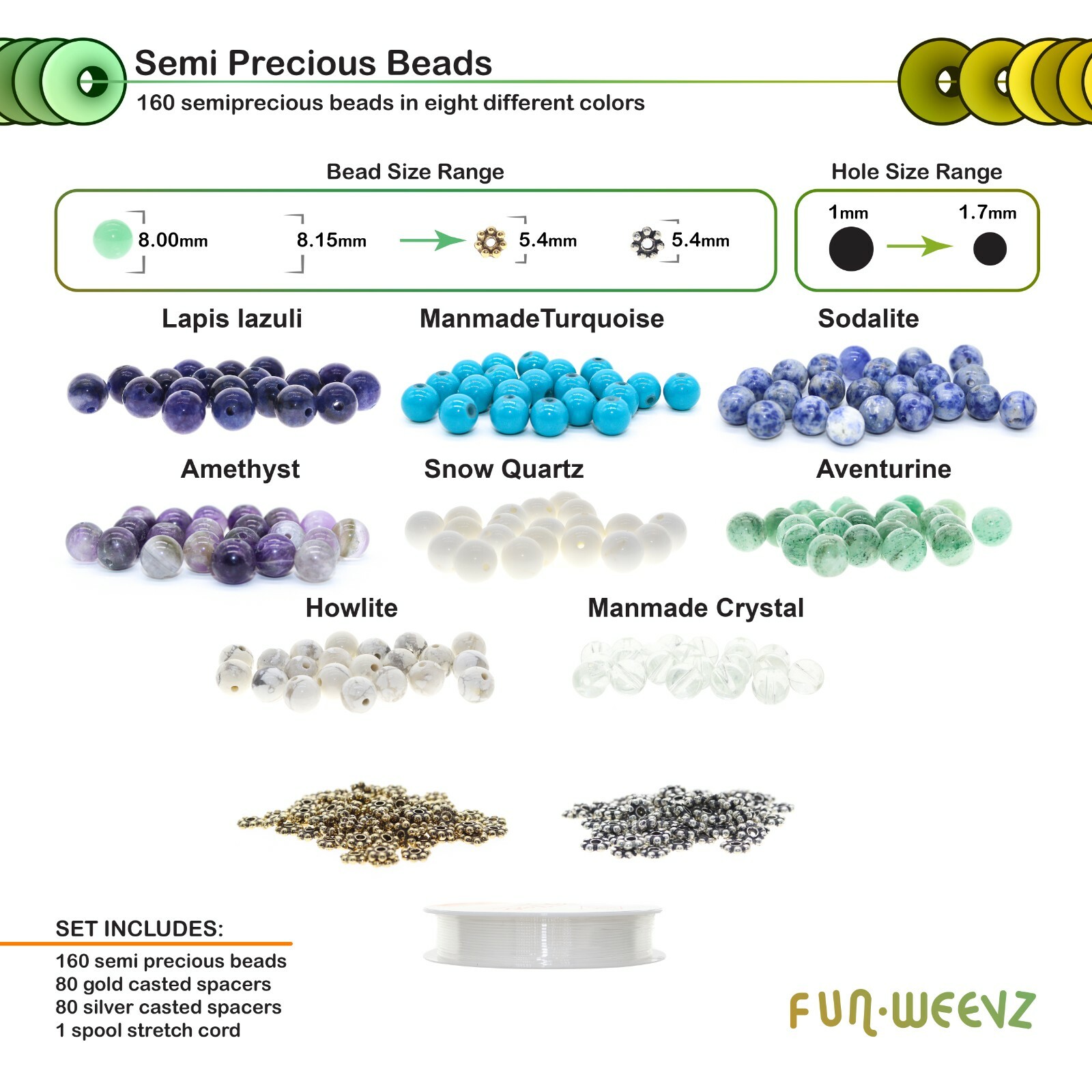 160 Round Gemstone Beads for Jewelry Making, 8mm Natural Semiprecious Stone Bead