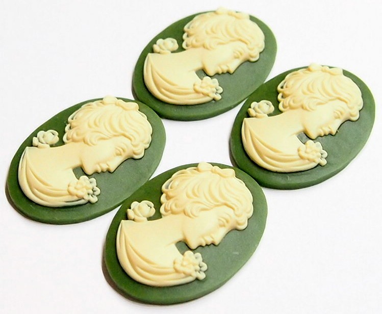 4 of 40x30mm Cream over Green Victorian Art Deco Shy Short Hair Women Cameos