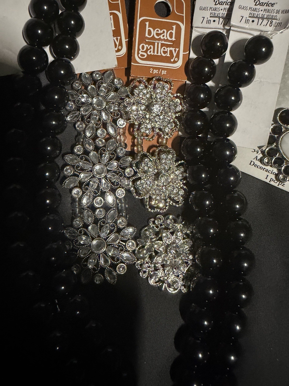 Darice Black Round Glossy Glass Bead Strands w/ Rhinestone Spacer Beads Lot