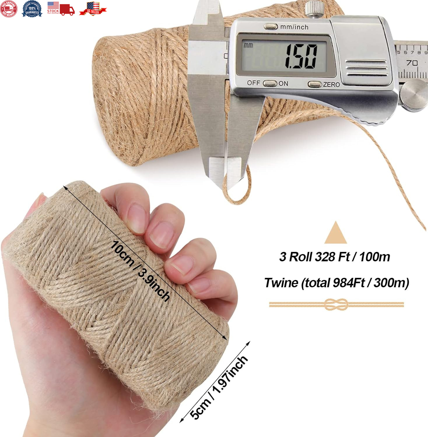 984 FT Natural Jute Twine, Twine String, 3ply Thin Ribbon Hemp Twine (3 Roll