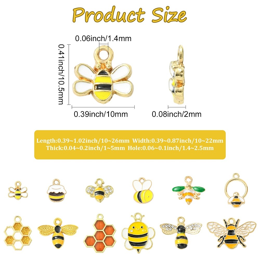 36pcs Alloy Honeycomb Enamel Pendants Bee Charm for Earring Necklace Jewelry DIY
