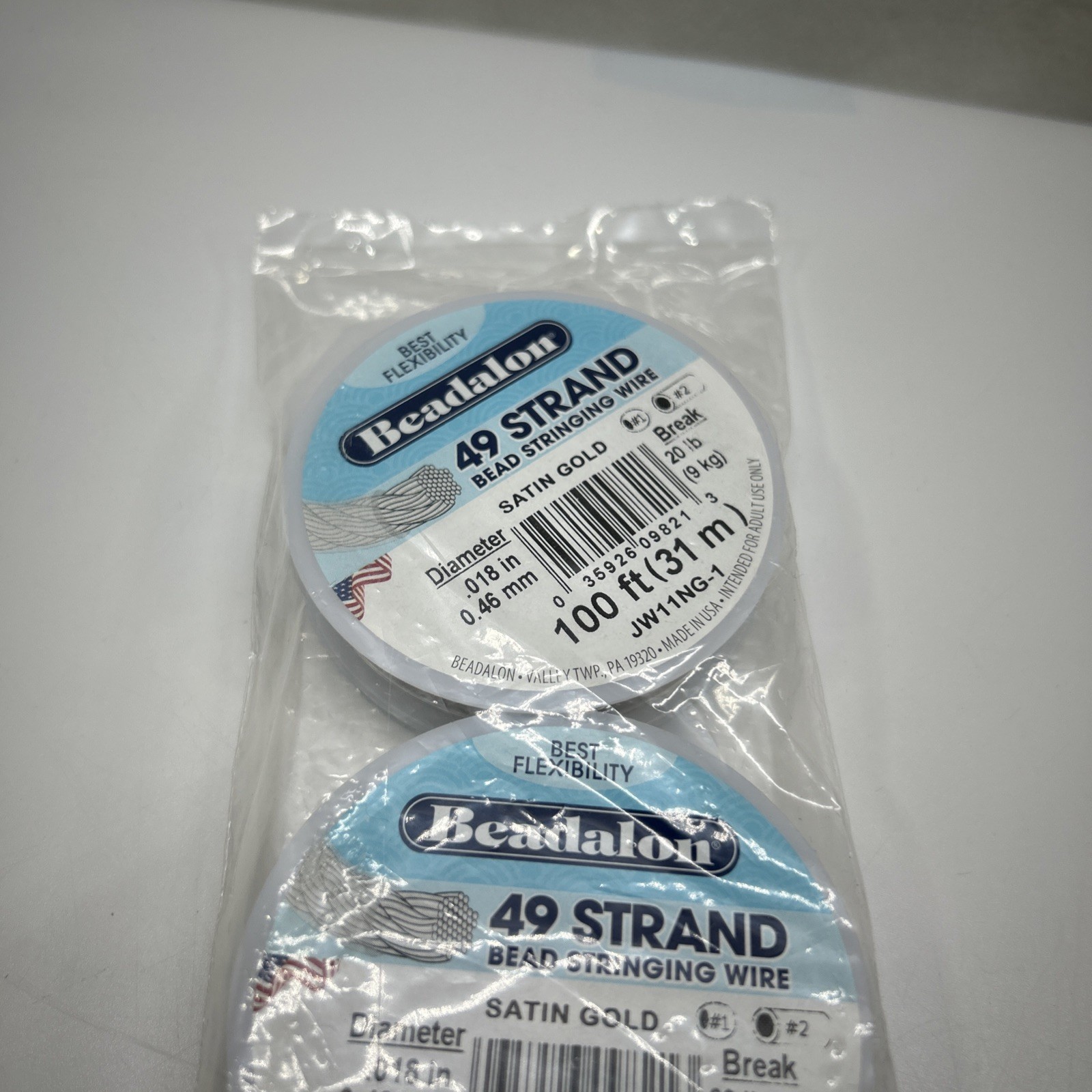3 Pack 100 Ft Beadalon 49 Strand Satin Gold Bead Stringing Wire .018 in/0.46 mm