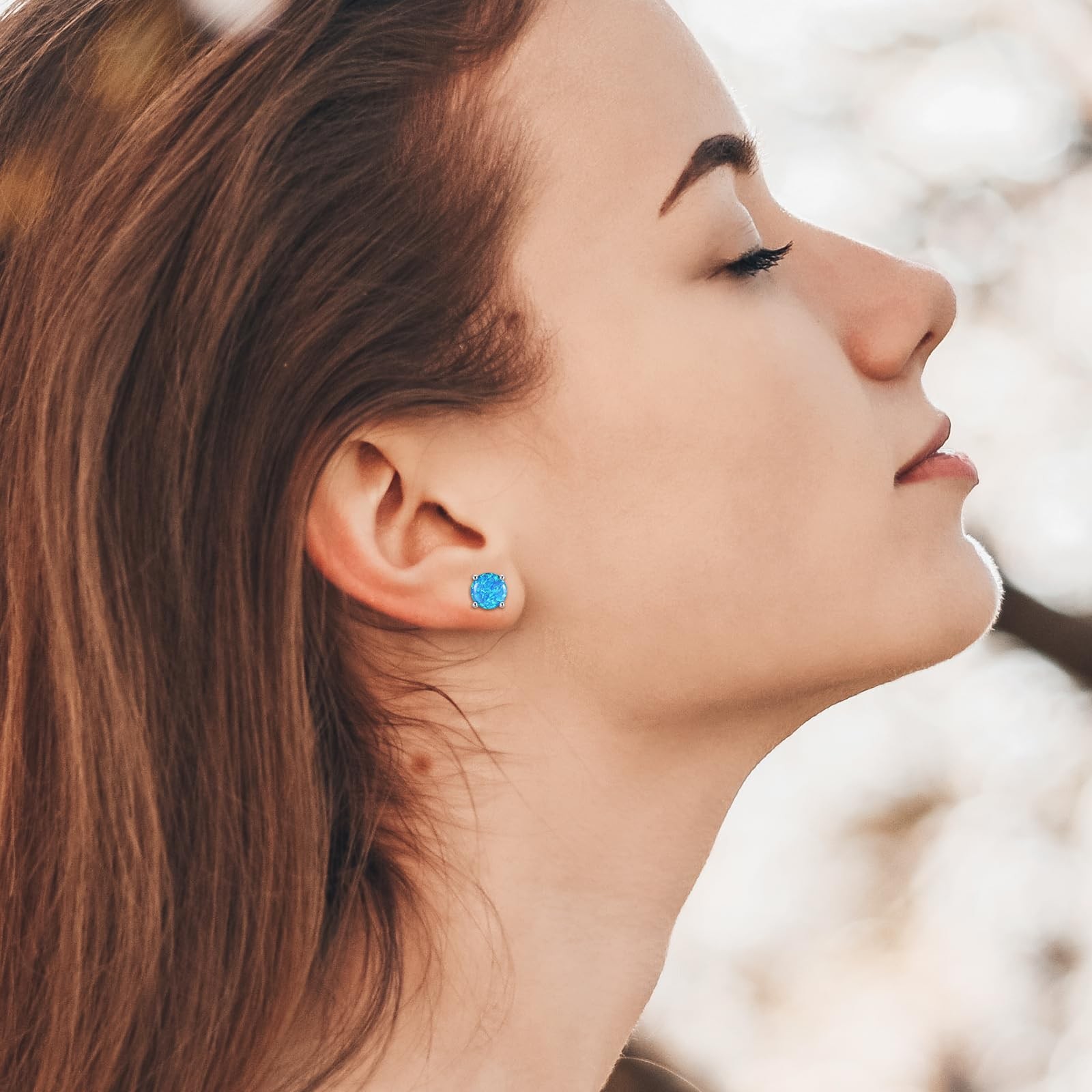 925 Sterling Silver Hypoallergenic Opal Stud Earrings, 8MM Blue Opal October Bir