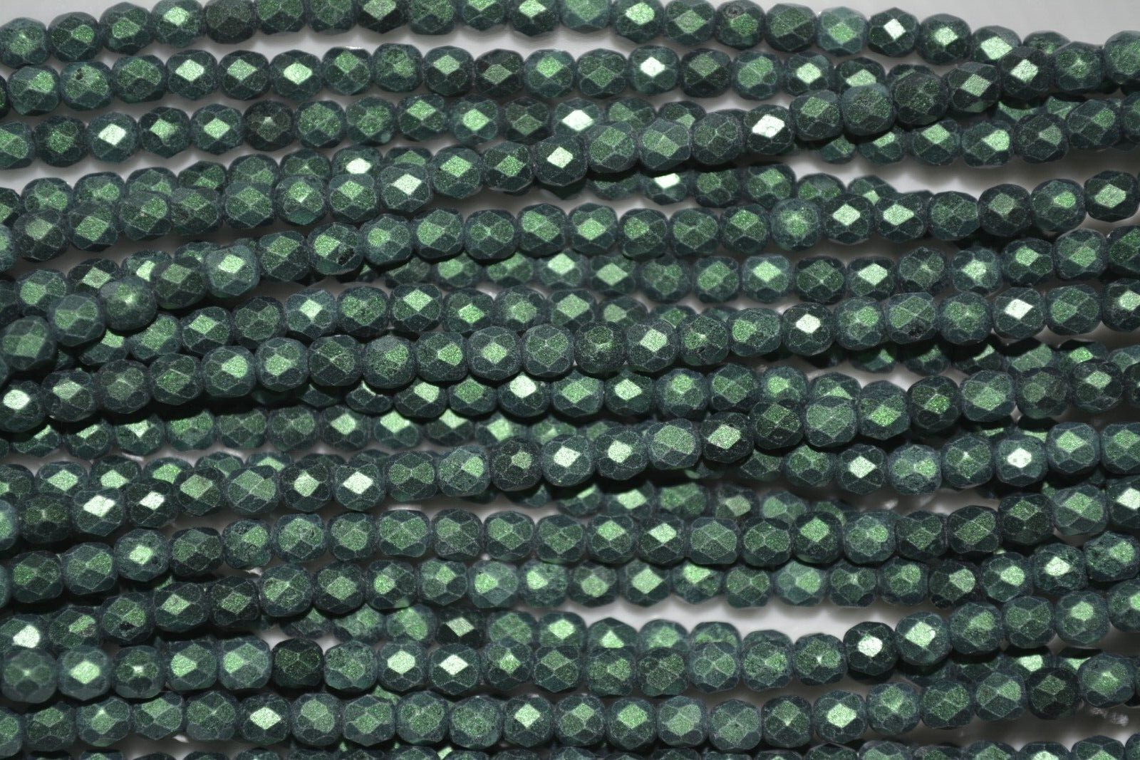 Czech Fire Polished 4mm round faceted glass beads – Metallic Suede Leafy Green