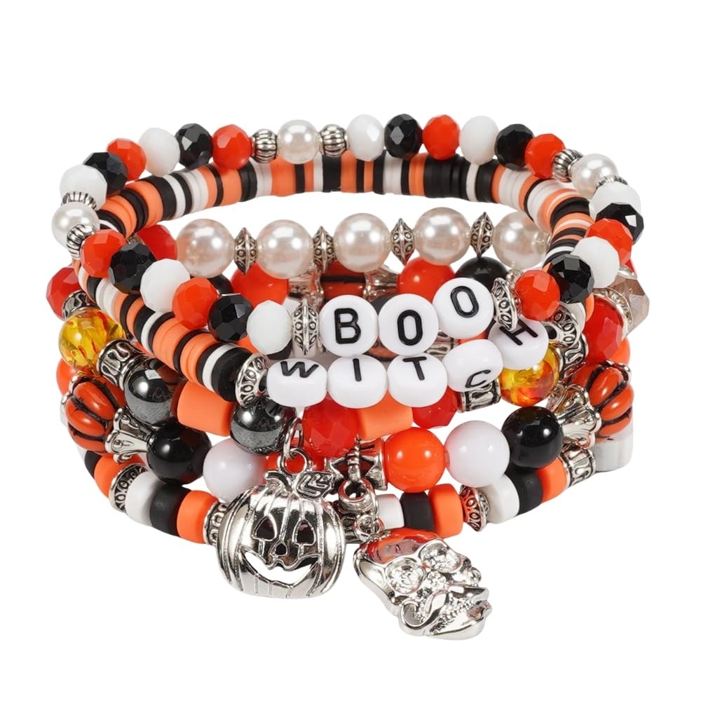 Halloween Charm Bracelets for Women Skull Ghost Pumpkin Bat Spider Web Bead – 03