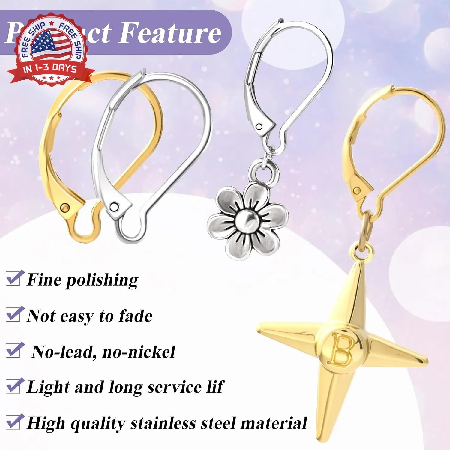 24 Pcs Leverback Earring Hooks, Stainless Steel Clasp Hoop, Hypoallergenic Dangl