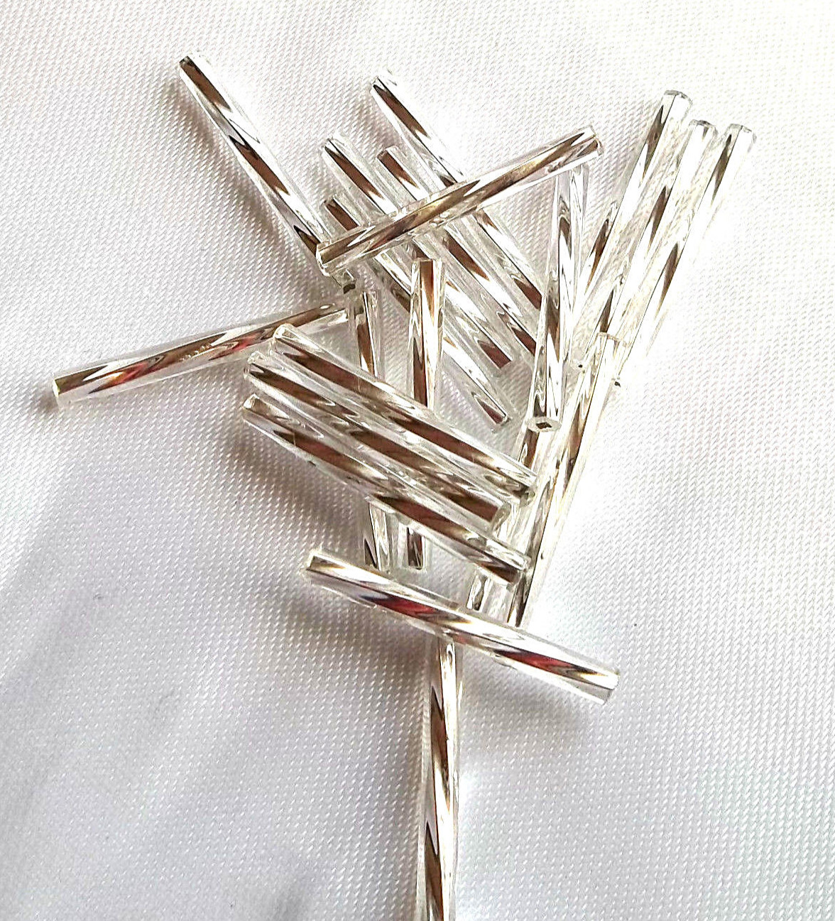SALE Czech 30mm 1 1/4″ BRIGHT SILVER TWISTED GLASS TUBE BUGLE BEADS 215 beads.