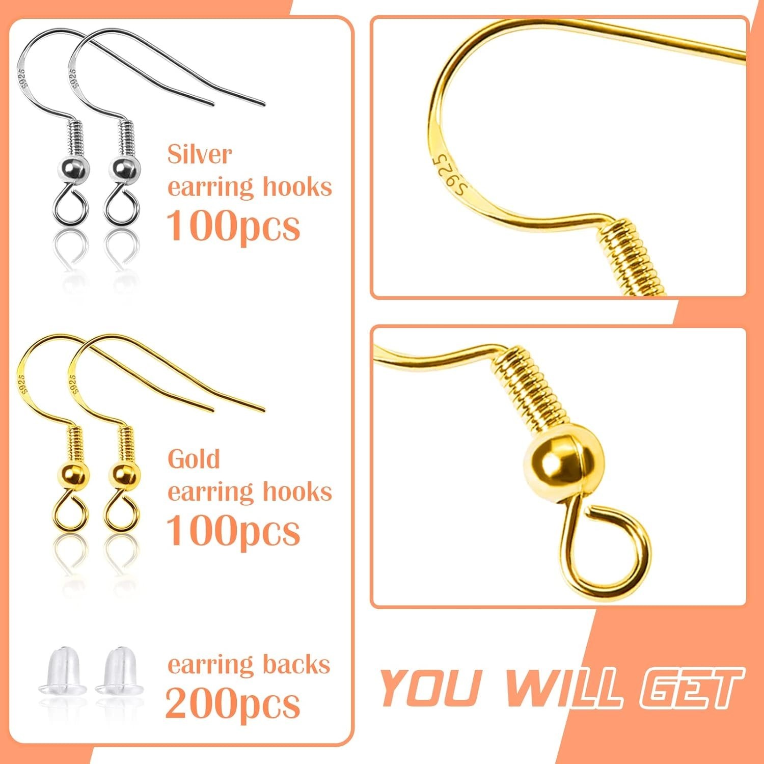 200pcs Hypoallergenic 925 Sterling Silver Earring Hooks with 200 Backs for DIY