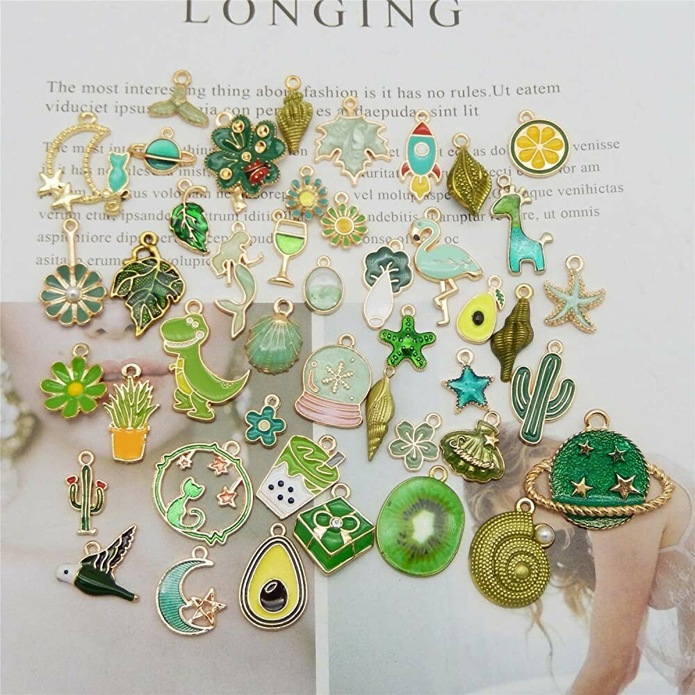 8 Enamel Gold Charms Green Pendants Findings Kawaii Mixed Set Assorted