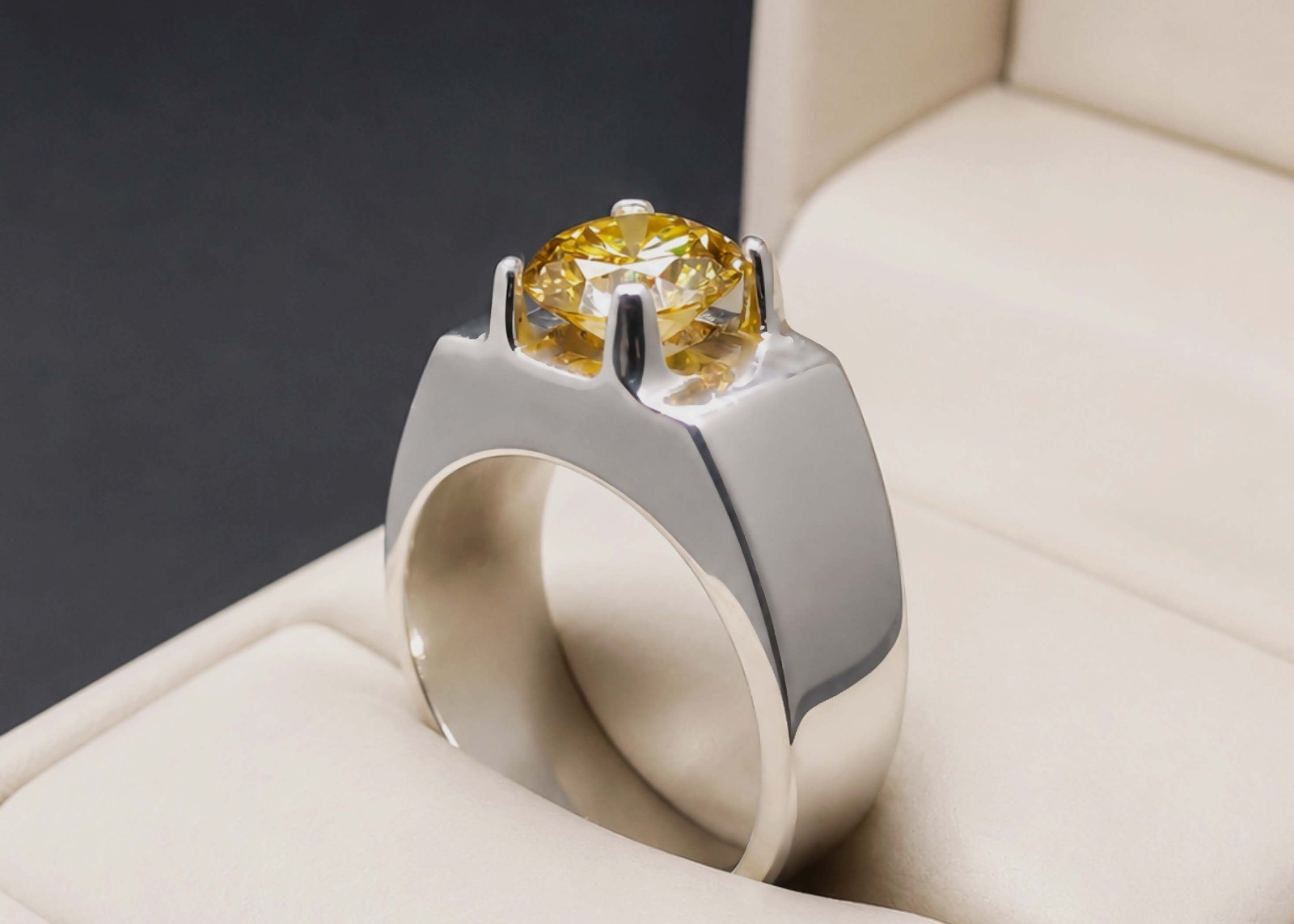 Round Cut 2 Ct Golden Moissanite Diamond 925 Sterling Silver Mens Plain Ring