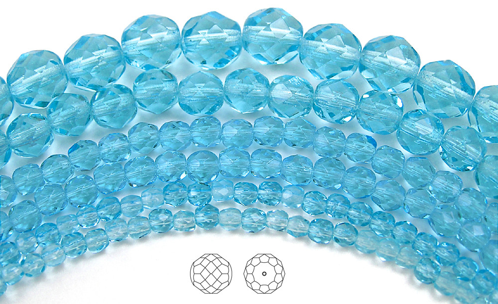 Czech Fire Polished Round Faceted Glass Beads in Aqua color 16” strand, lt.blue