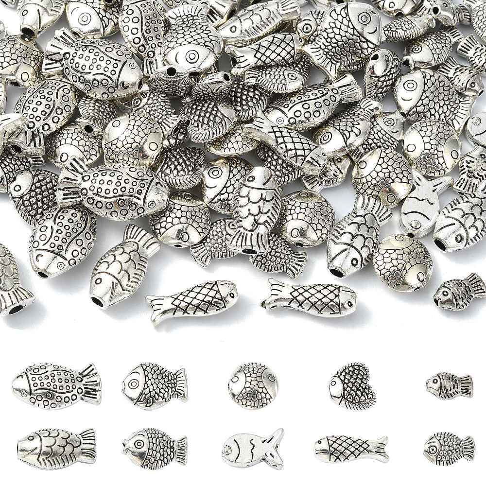 100pcs Tibetan Silver Retro Spacer Beads Fish Beads for Jewelry Making