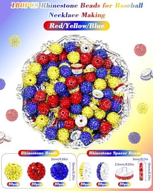 180PCS 10mm Rhinestone Beads for Jewelry Making | Baseball Red, Yellow, Blue