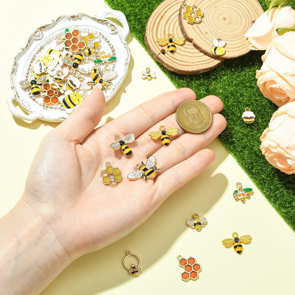 36pcs Alloy Honeycomb Enamel Pendants Bee Charm for Earring Necklace Jewelry DIY