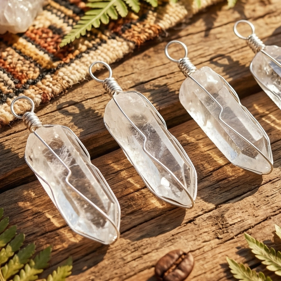 Quartz Crystal Point Wire Wrapped Pendant (Silver Plated) Wholesale Necklace