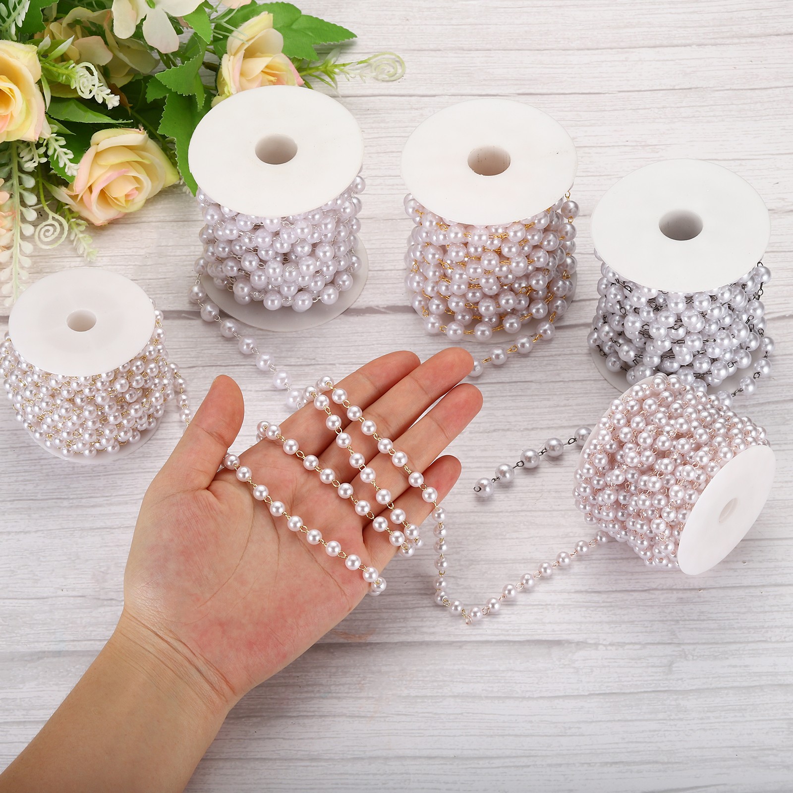 5m/16 Feet Faux Pearl Beading Chain, 4mm Brass Chain Link Style 1, Dark Silver