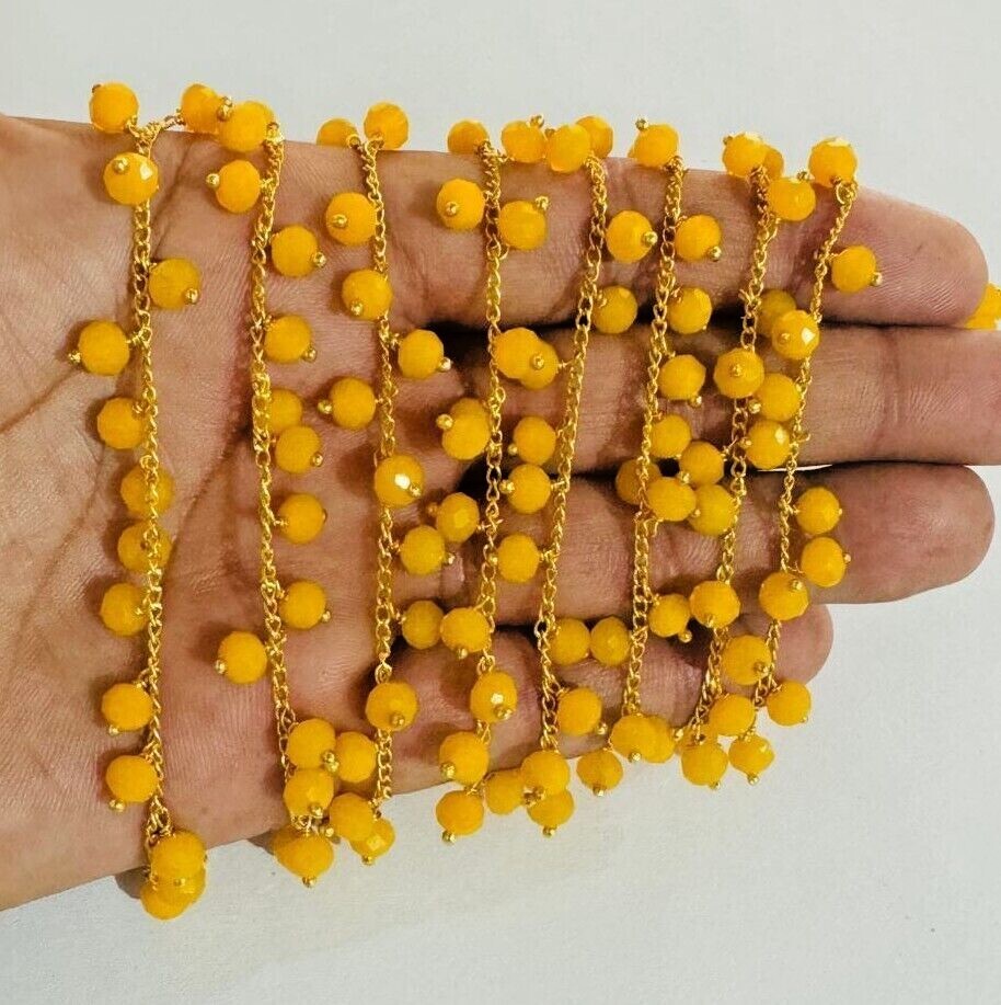 6mm Yellow Faceted Glass Beaded Cluster Chain – Wire Wrapped Dangle Bead Chain